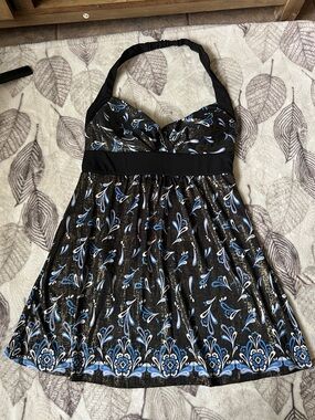 Y2k vintage blusón Black Halter Neck Print Dress with Blue Accents